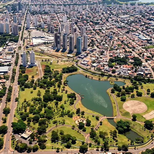 Imagem aérea de um parque urbano com lago, árvores e áreas de lazer em uma cidade moderna com prédios altos ao fundo em Campo Grande/MS