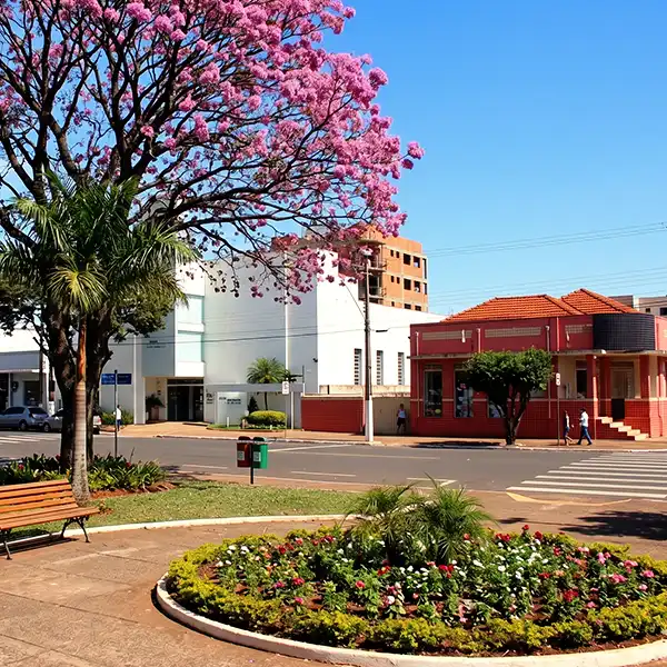 Imagem de uma praça na cidade com árvores enfeitadas com flores rosas, uma fonte de jardim, bancos e prédio comercial ao fundo, em um dia claro e ensolarado.