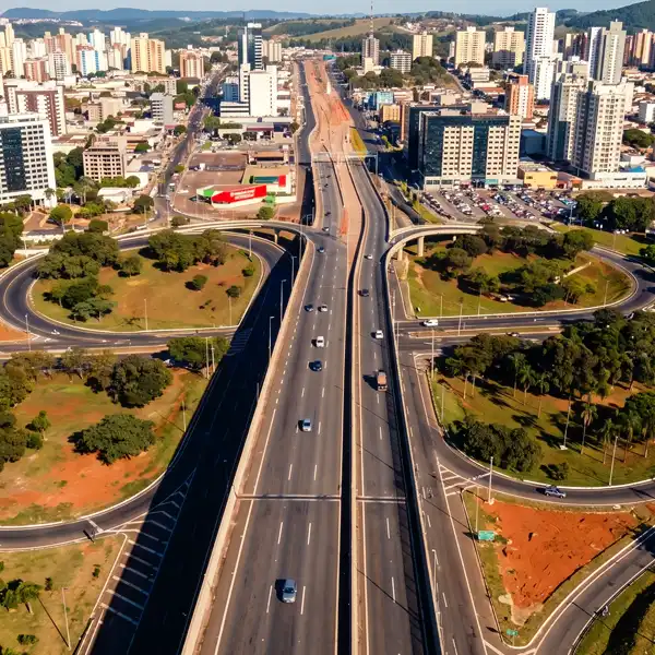 Vista aérea de uma rodovia moderna com tráfego na cidade de Palmas, em Tocantins, Brasil, com prédios e áreas verdes ao redor, refletindo crescimento urbano e infraestrutura viária.