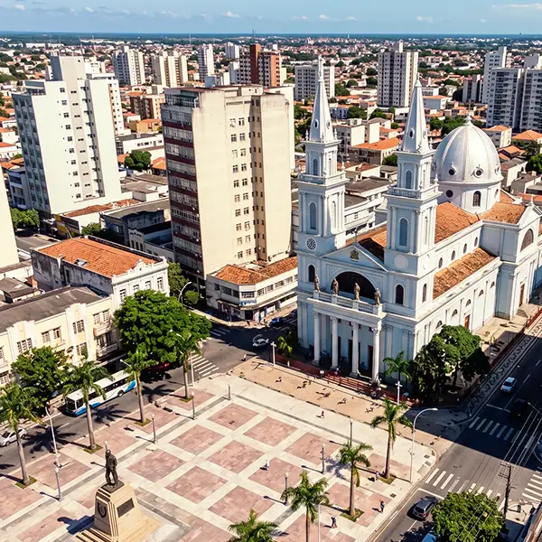 Vista aérea de uma cidade no Brasil com prédios altos e a Catedral ao centro, destacando as torres brancas, cúpula e área externa com praça e árvores, em dia ensolarado