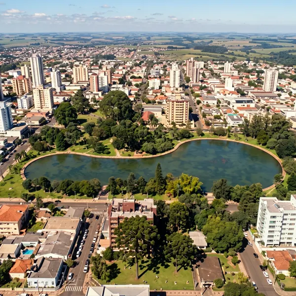 Vista aérea de uma cidade do interior com ruas pavimentadas, edifícios residenciais, áreas verdes e um lago grande no centro, cercado por árvores e parques.