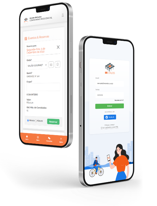 Dois smartphones exibindo telas de aplicativo para agendamento e cadastro de reservas: uma tela com formulário de eventos e outra com login e dados do usuário.